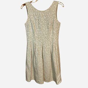 Mystic LA Linen Blend Brocade Box Pleat Dress S Retro Quiet Luxury Neutral